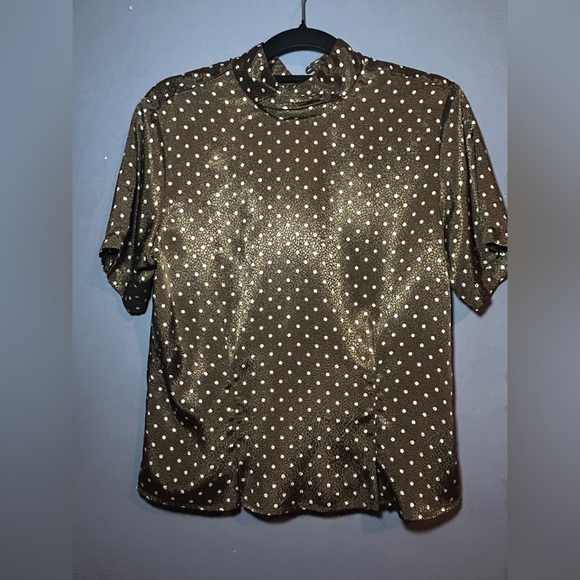 Turtleneck Blouse 10 Vintage 80s Brown White Polka Dot Short Sleeve Dress Shirt - Picture 2 of 8